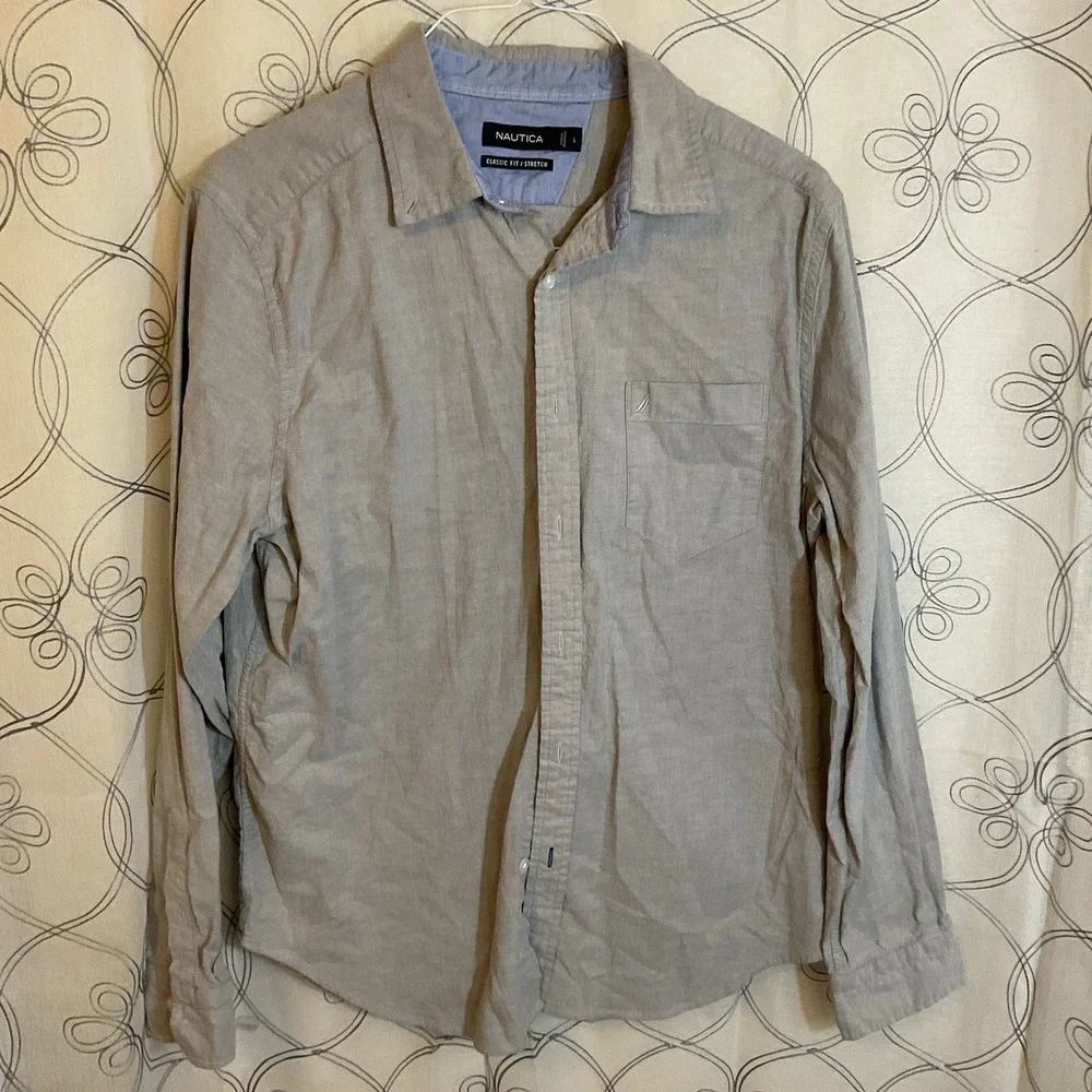 Men's Nautica Gray Button Up Long Sleeve‎ Classic Fit Size Large